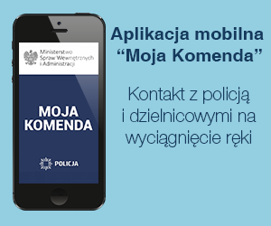 Na zdjęciu telefon i napis: Moja Komenda