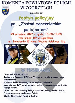 Na zdjęciu plakat dot. festynu &quot;Zostań zgorzeleckim policjantem&quot;. Treść w komunikacie