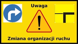 Na obrazku znaki drogowe nakaz skrętu w prawo, droga z pierwszeństwem przejazdu oraz uwaga.