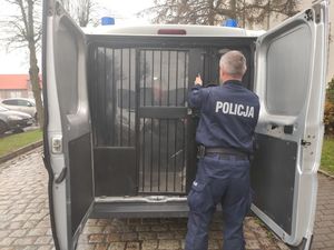 Na zdjęciu policjant przy kracie radiowozu