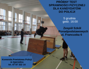 Na zdjęciu sala sportowa i informacja o teście