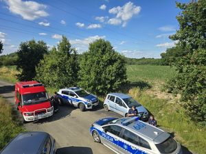 Na zdjęciu wóz strażacki i radiowóz