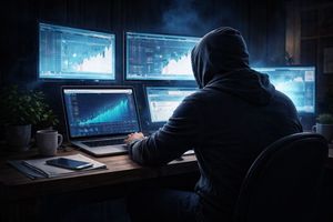 Na zdjęciu postać przed komputerami