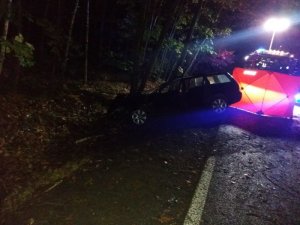 Zdjęcie zrobione w porze nocnej, pojazdu który uderzył w drzewo. W tle widoczne światła błyskowe Straży Pożarnej