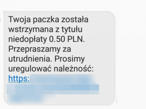 Na zdjęciu treść  wiadomości SMS: Twoja paczka została wstrzymana z tytułu niedopłaty 0.50 PLN przepraszamy za utrudnienia, prosimy uregulować należność: https://