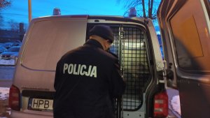 Na zdjęciu policjant przy radiowozie