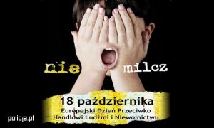 Na zdjęciu dziecko zakrywające oczy i napis NIE MILCZ